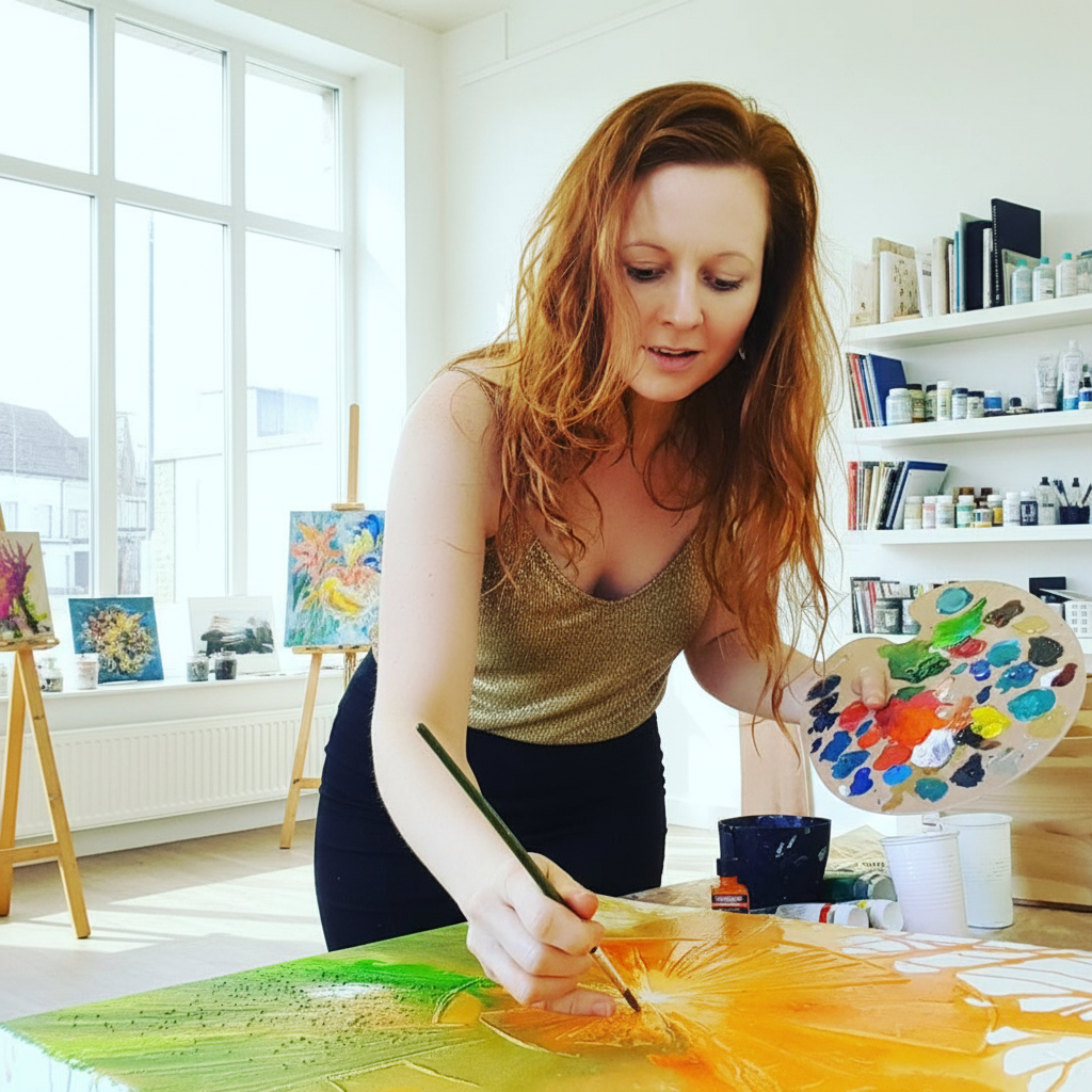 Frau mit roten Haaren, die in einem gut beleuchteten Atelier an einem großen orange-grünen Gemälde arbeitet und eine Farbpalette hält.